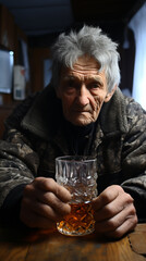 Photo of aged beard sad man drinking alcohol alone, sitting on a old unkempt house. AI Generative