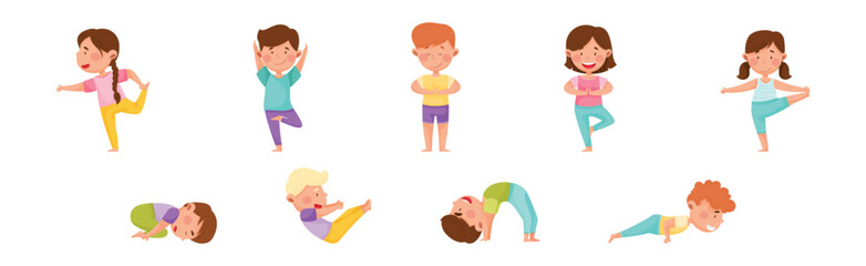 Kid Characters Doing Yoga Standing in Different Asana Vector Set