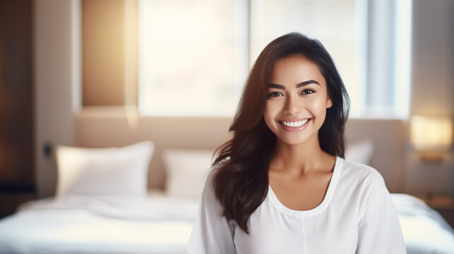 Young, Smiling Asian Woman in Bedroom