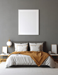 Wall art mockup. Wall art in bedroom. One wall art with wooden borders. Bedroom interior background. Empty mockup frame
