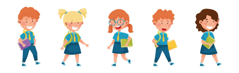 Cute Schoolkid Characters in Blue Uniform Going to School Vector Set
