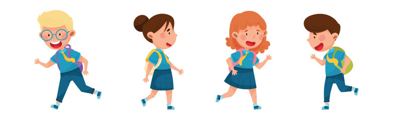 Cute Schoolkid Characters in Blue Uniform Going to School Vector Set