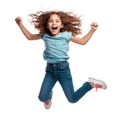 Celebrating Young Girl: Full-Length Studio Portrait of a Joyful Kid Jumping and Laughing, Isolated in Transparent PNG on a White Background - obrazy, fototapety, plakaty