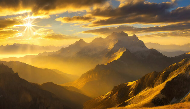 Serene Sunrise Over Majestic Peaks A Tranquil Skyscape Mountain Panorama