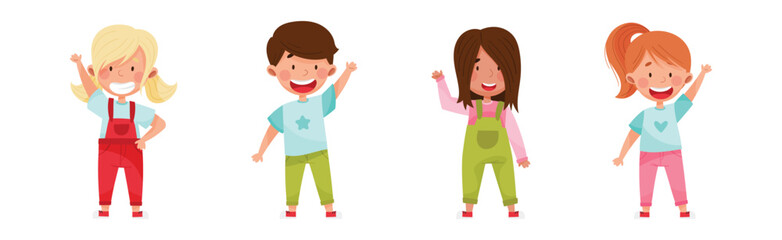 Children Character Greeting Waving Hand and Smiling Vector Set