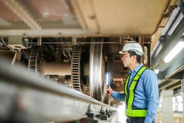 Portrait of apprentice under train in railway engineering facility