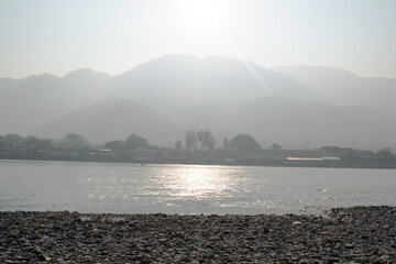 View of ganga with with sunlight reflection on water
