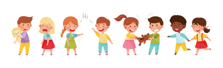 Friendly and Hostile Kids Playing Together Vector Illustration Set