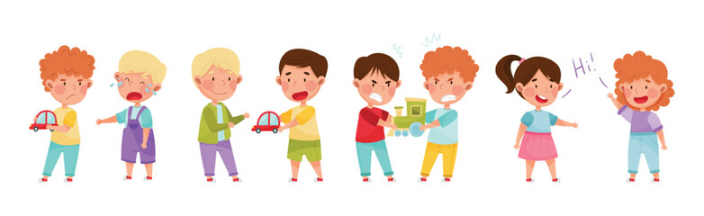 Friendly and Hostile Kids Playing Together Vector Illustration Set