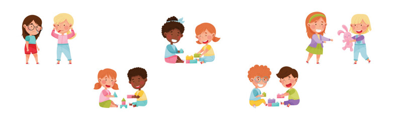 Friendly and Hostile Kids Playing Together Vector Illustration Set
