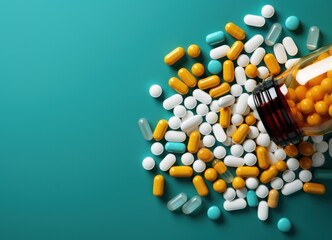 Pills spilling out of a bottle on green background. The pills spilled out of the bottle. Medical Concept. Background with copy space. Healthcare. 