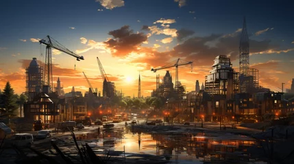 Tableaux ronds sur plexiglas Skyline Enchanting Urban Reflections: Captivating Skyline Lights and Tranquil Waters under the Evening Sunset, generative AI