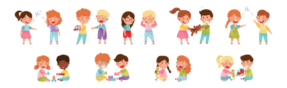 Friendly and Hostile Kids Playing Together Vector Illustration Set