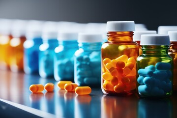 Medicine bottles and pills on black table. Focus on foreground, shallow DOF. The pills spilled out of the bottle. Medical Concept. Background with copy space.