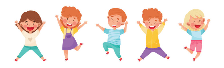 Happy Kids Jumping with Hands Raising Up Cheering and Rejoicing Vector Set