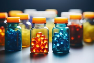 medicine bottles with pills and capsules on table, closeup. The pills spilled out of the bottle. Medical Concept. Background with copy space.
