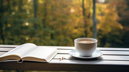 An open book and white coffee cup on the table, forest view autumn. - Powered by Adobe