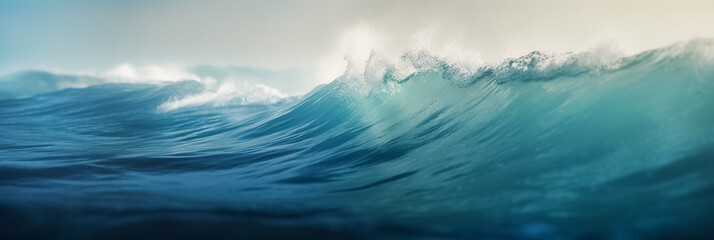 Obraz premium Tropical ocean waves in the storm. Long banner of beautiful waves and sunny sky on background