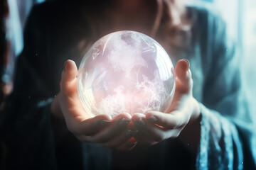 Fortune teller or witch hands with crystal ball. Halloween, magic or witchcraft and tricks concept. Generative AI