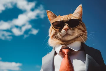 Fototapeten A cat standing against a blue sky background, wearing a suit and tie and sunglasses. Funny cat wearing a suit. Business cat. © VisualProduction