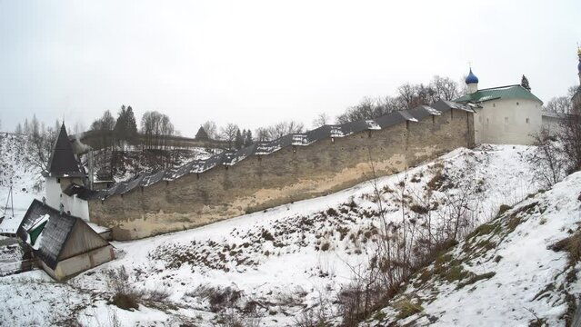 Fragment of the Pskov-Pechora fortress in winter