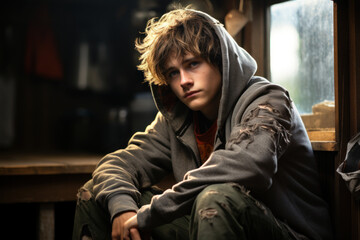 Obraz premium A teenager sitting alone, lost in thought, a window into the struggles of depression in young minds. Concept of adolescent mental well-being. Generative Ai.