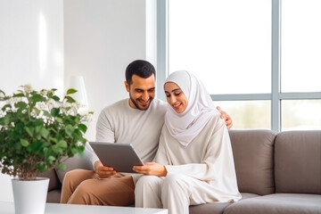 Arabic man and woman using tablet on couch in smart home. Modern home innovation and technology. Using a mobile tablet to control smart home.