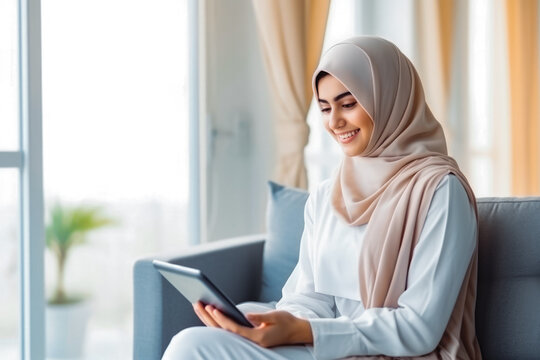 Arabic happy woman using tablet on couch in smart home. Modern home innovation and technology. Using a mobile tablet to control smart home.