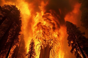 Enormous tree ablaze amidst a forest fire. Generative AI