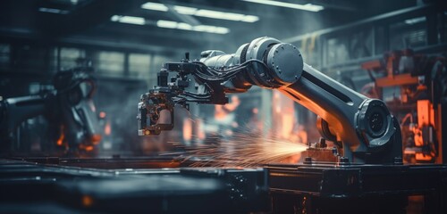 robot arm assembly machine factory workshop sparks photo manufacturing automated production - obrazy, fototapety, plakaty