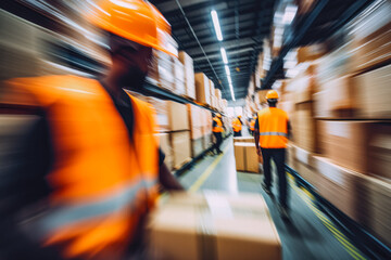 Blurred photo of warehouse employees in action moving boxes in storage. Workers in big warehouse in Orange vests and helmets moving cardboard boxes.