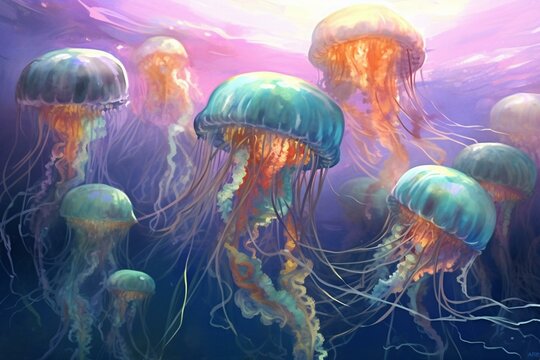 An ocean painting featuring a cluster of jellyfish. Generative AI
