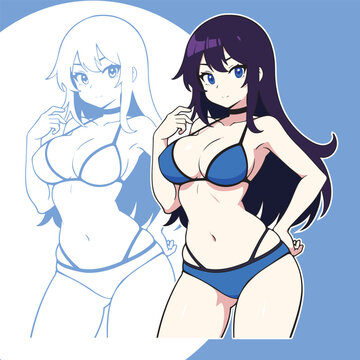 Anime drawing of a girl with dark long hair wearing a bikini.