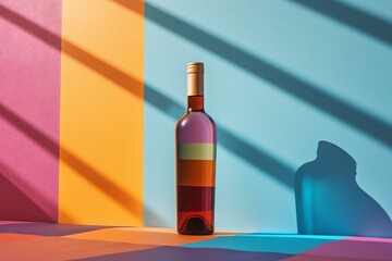 Wine bottle propped against wall. Alcoholic drink on colorful backdrop with strong shading. Generative AI
