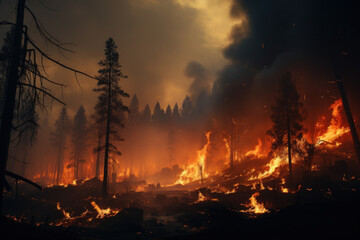A smoking forest with flames engulfing trees, representing the ferocity of wildfires. Concept of forest fire hazards. Generative Ai.
