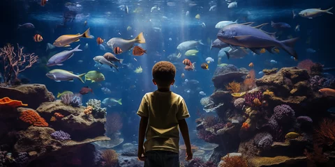 Poster Kind bestaunt die Fische im Aquarium © stockmotion