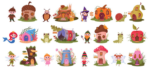 Fantasy characters and houses. Cartoon fairytale cute gnome, mermaid, gingerbread man and fairy flat vector illustration set. Fairy tale elements collection - obrazy, fototapety, plakaty