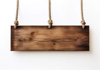 Wooden sign hanging on rope on white background. Free space for text. AI generated