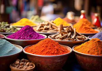 Different colorful Indian spices for tasty food. Traditional customs. Ai generated