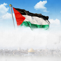 Filistin şehrinin arka planında Filistin bayrağı Translation : palestinian flag on palestine city background
