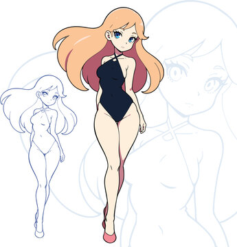 Full body drawing of an anime girl in a swim suit.