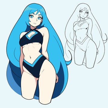 Anime drawing of a girl with cyan dyed hair in a swim outfit.