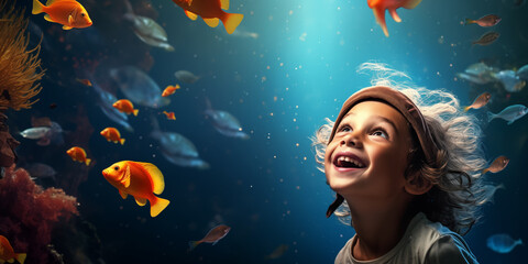 Fototapeta na wymiar Kind bestaunt die Fische im Aquarium