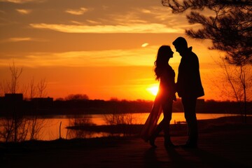 Fototapeta premium Sunset photo of silhouettes of a couple in love