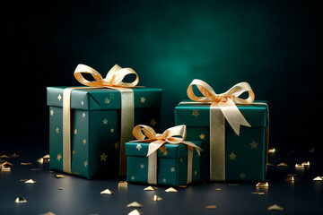 Christmas present gift boxes on a dark green background. 