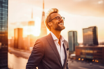 Happy rich wealthy successful swedish businessman standing in the big city with business buildings in the background. Successful man in the big city