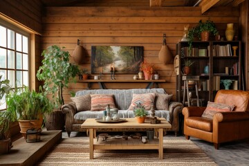 Rural living room with farmhouse decor. Generative AI - obrazy, fototapety, plakaty