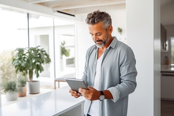 Happy hispanic man using tablet on white wall in smart home. Modern home innovation and technology. Using a mobile tablet to control smart home. - obrazy, fototapety, plakaty
