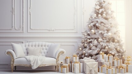 an elegant and cozy white Christmas background with beautifully wrapped gifts and a decorated tree in a home setting.
