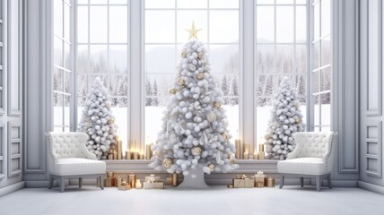 Fototapeta na wymiar an elegant and cozy white Christmas background with beautifully wrapped gifts and a decorated tree in a home setting.